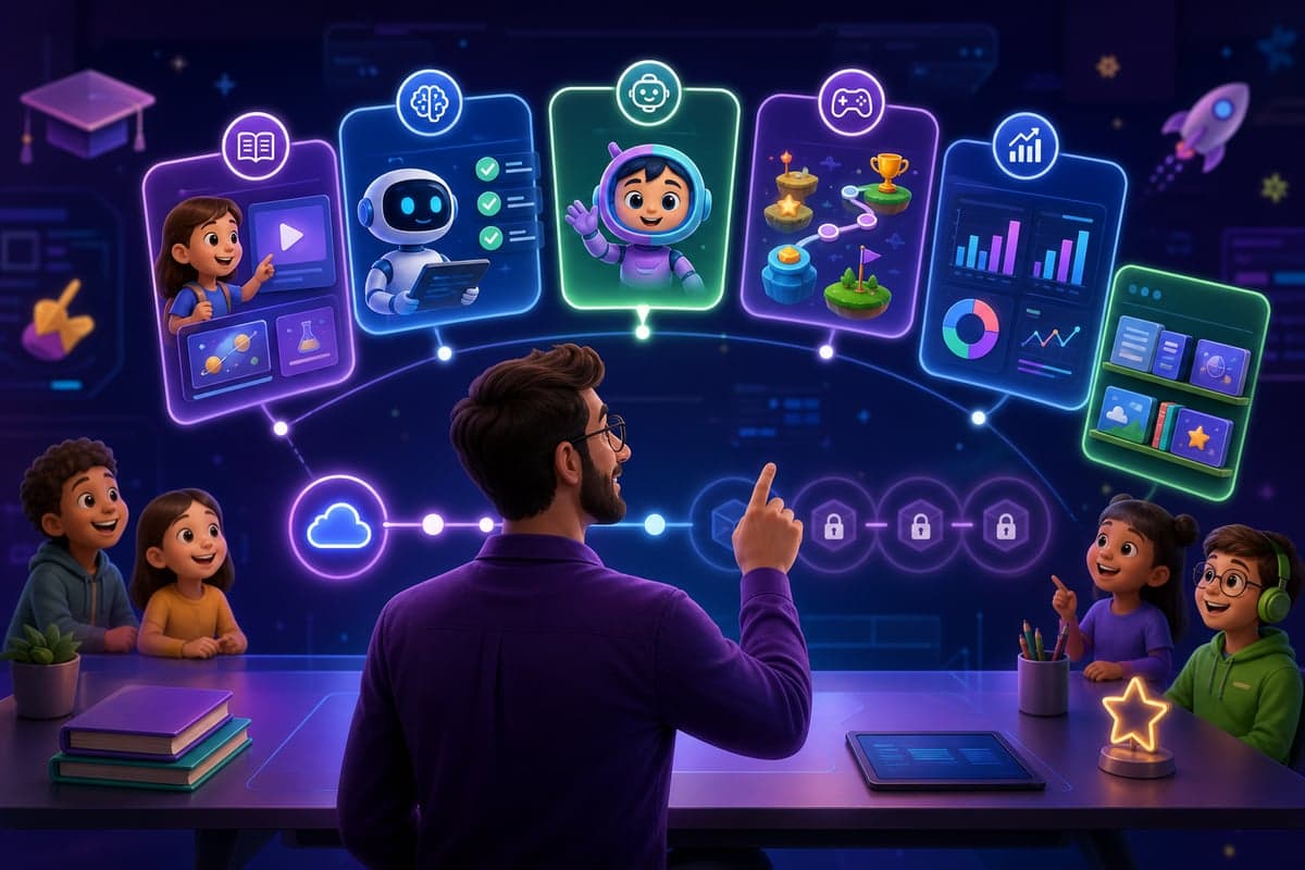 Professora conduzindo aula de tecnologia com conteúdo pronto