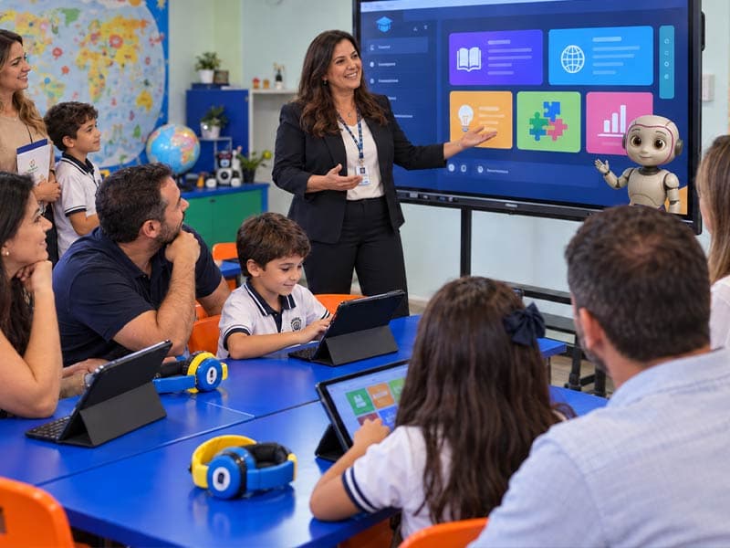 Famílias acompanhando a apresentação da plataforma na TV da sala de aula