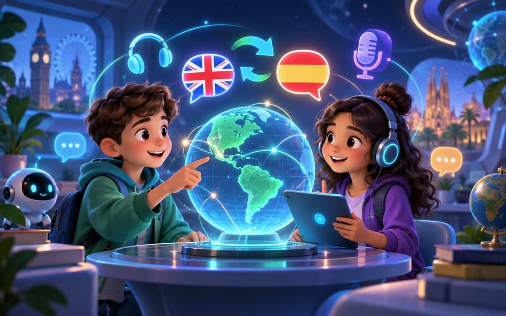 Crianças interagindo com bandeiras do inglês e do espanhol sobre um globo