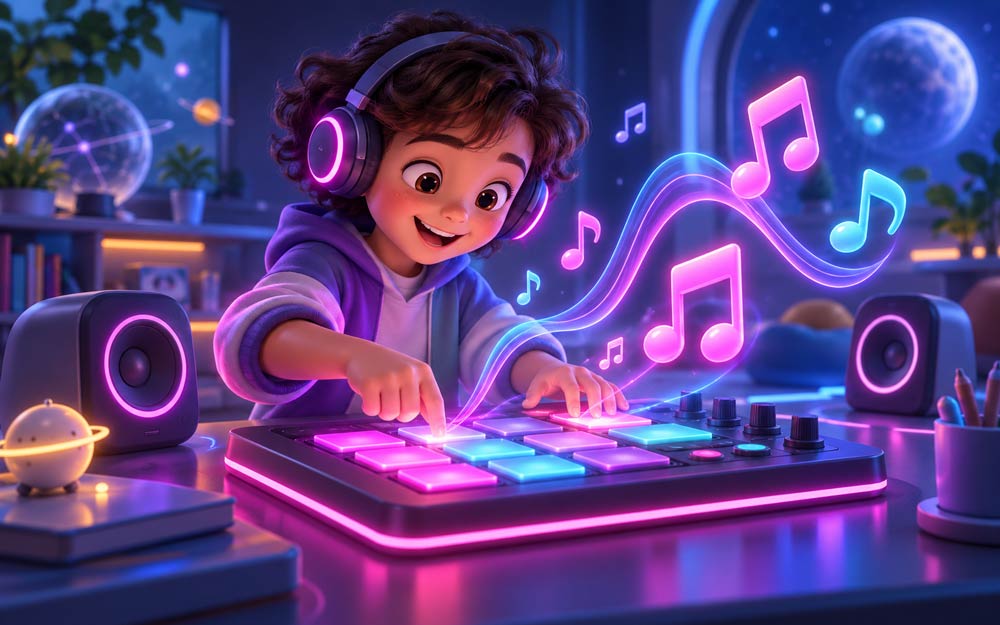 Criança criando música em um pad iluminado com notas em neon