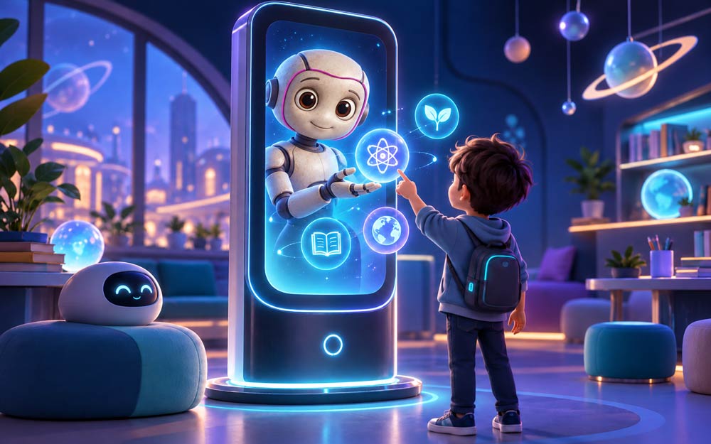 Criança conversando com a assistente Mika em um totem interativo