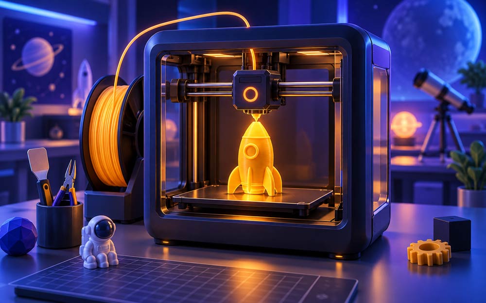 Impressora 3D imprimindo um foguete com filamento brilhante