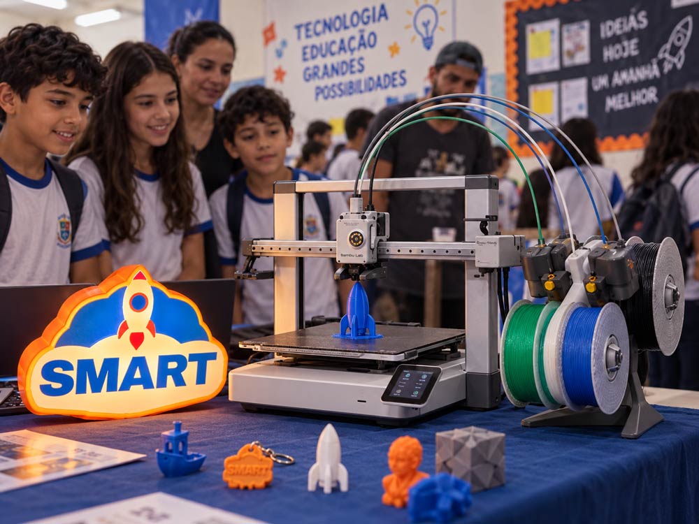 Alunos observando a impressora 3D em funcionamento durante a mostra na escola
