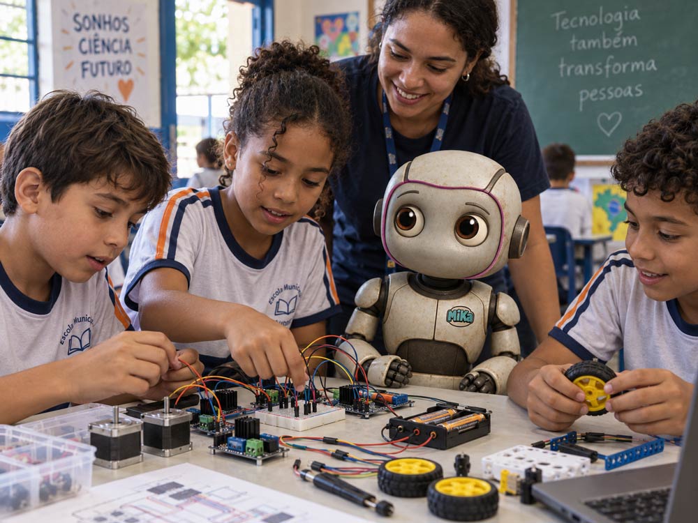 Alunos manipulando kit de robótica com acompanhamento da professora