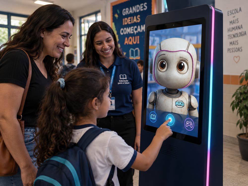 Aluna e responsável interagindo com o totem da assistente Mika no saguão da escola